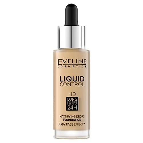 Eveline Cosmetics Liquid Control Make-up flüssig, mattierend, 24h langanhaltende Formel, Babyhaut-Effekt