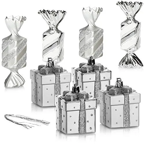 COM-FOUR® 8-teiliges Christbaumanhänger-Set, bruchfester Weihnachtsbaumschmuck in Form von Bonbons & Geschenken, tolle Weihnachtsdekoration