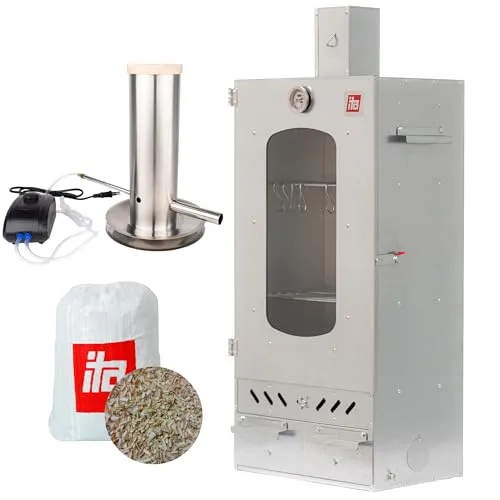 ITA Räucherofen 7012 - Premium Smoker Set mit Rauchgenerator - Smoker für Fleisch, Fisch & Gemüse mit 3 Etagen und Kaminabzug für optimale Belüftung. Hochwertige Verarbeitung aus legiertem Stahl für langlebige Nutzung.
