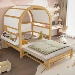 Kinderbett mit Dach und Regal, 140x200cm, Massivholzbett - Weiß - Gemütliches Kinderbett mit ausziehbarem Bett und Regal, ideal für das Kinderzimmer. Hohe Stabilität und klassisches Design bieten Komfort und Sicherheit für kleine Träumer.