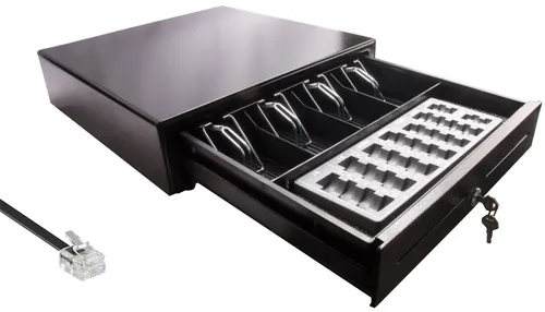 MINI Kassenschublade iQCash350MB mit Münzbrett - Card-Reader mit Münzbrett für schnelle Münzabrechnung, optimiert für Effizienz und Sicherheit, mit versteckter Notauslösung und robustem Metallgehäuse.