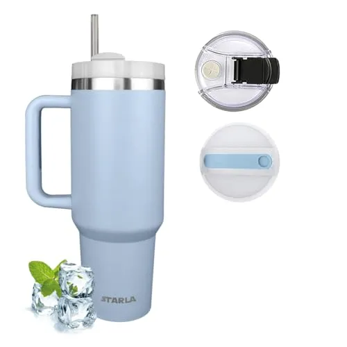 STARLA Thermobecher mit Strohhalm und Henkel 1,2l groß, 2 Deckel, auslaufsicher, Edelstahl Isolierbecher Kaffeebecher To Go Wasserbecher Getränkebecher Reisebecher Trinkbecher mit Griff (Hellblau)