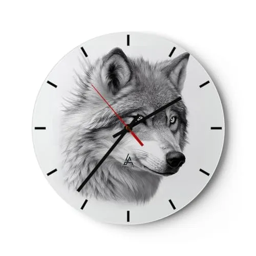 Modern Wanduhr Wolf Tier Skandinavisch 30x30cm Rund Klein Wand Uhr Glas Analog Zimmeruhren Küche Büro Wohnzimmer Glasuhr Wall Clock Dekoration Design Wanddekoration Küchenuhr C3AR30x30-5661