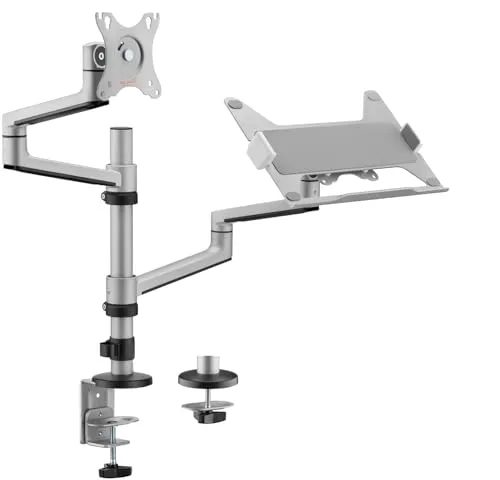 MYW HL52L - Ergonomische Monitor- und Laptop Halterung - Monitorhalterung für 17'' - 32'' Displays und Laptops bis 17,3''. Höhenverstellbar und schwenkbar für optimales Arbeiten im Home Office oder Büro. Integrierte Lüftungsschlitze sorgen für beste Luftzirkulation.