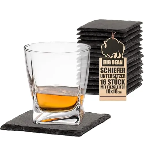 BigDean Schiefer Untersetzer Set 16 teilig 10x10 cm quadratische Tisch-Untersetzer Servierplatten - 4 Gummifüße zum Schutz