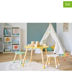 Möbelset für Kinder aus MDF und Kiefer, Tisch + 2 Stühle - Spieltisch- & Stuhl-Sets, ideal für das kreative Spielen von Kindern, robustes MDF und Kiefer mit buntem Design.