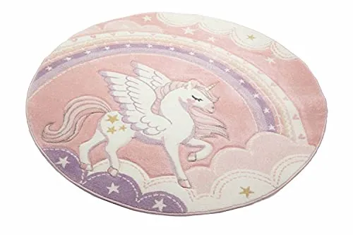 CARPETIA Spiel Teppich Kinderzimmer Himmel Wolken Regenbogen Einhorn rosa Creme Größe 160 cm Rund