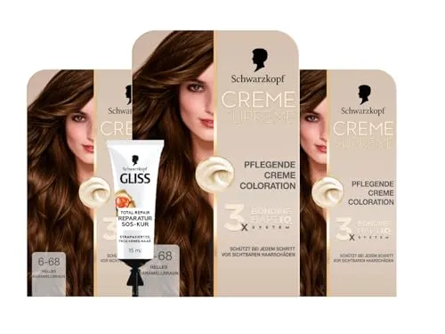 Schwarzkopf Creme Supreme Coloration 6-68 Helles Karamellbraun Blond (3x182 ml), dauerhafte Haarfarbe & GLISS SOS-Intensiv-Kur Total Repair 15ml, natürlicher Glanz und Geschmeidigkeit