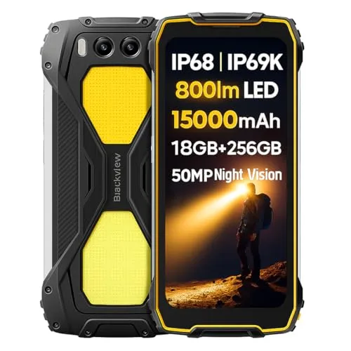 Blackview BV7300 Outdoor Smartphone ohne Vertrag, Dual 800LM Camping-Lichter, 15000mAh Batterie, 18GB+256GB, 6,67'' 90Hz HD+, 50MP Nachtsichtkamera, IP68 Robustes Stoßfest Handy, GPS NFC Orange