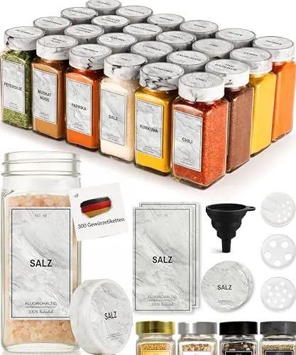 Greeano Mamor Weiß Gewürzgläser Set [24 x 120ml] mit 300 Gewürzetiketten [DE]