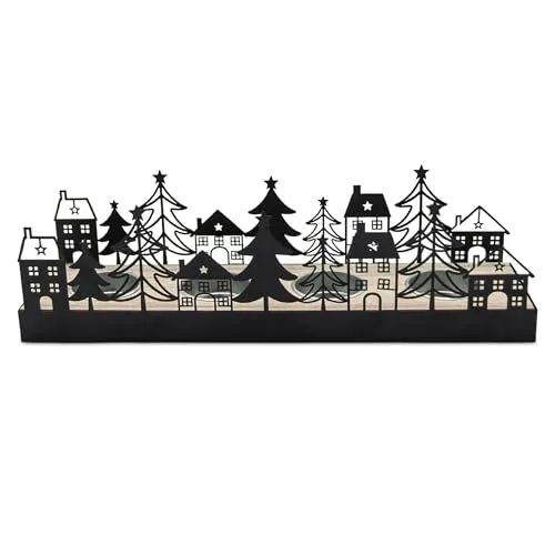 Metall Teelichthalter Weihnachtsstadt schwarz - 30 x 9 cm - Weihnachtsdorf Silhouette mit Haltern für 4 Teelichter - Weihnachten Tisch Deko Kerzen Ständer für Teelichter Weihnachtsstadt Skyline