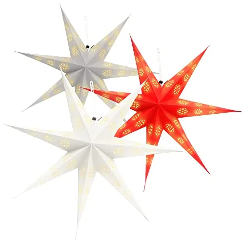 COM-FOUR® 3x Leuchtstern in 3D mit LEDs - Weihnachtsstern mit LED Beleuchtung und Timer - Premium Papierstern zum Aufhängen