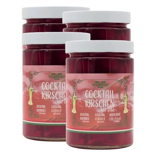 VITAVEGGY Cocktail Kirschen mit Stiel 4x 615g entkernt, für Cocktails & Mocktails, Cherry Mule, Daiquiri & Shirley Temple, für Kuchen, Torten, Waffeln Cupcakes & Muffins, in Italien hergestellt