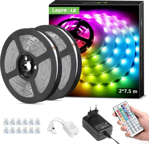 RGB LED Strip 5050, 15m, Dekorationsstreifen, 8 Modi, 20 Farben, dimmbar, inkl. Dimmer & 44-Tasten-Fernbedienung, 2x7,5m.