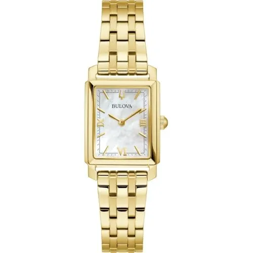 Bulova 97L177 Damenuhr Sutton - Elegante 21mm Goldfarben/Weiß - Damenuhr mit 21mm Gehäuse, goldfarbenem Edelstahlarmband und schimmerndem Perlmutt-Ziffernblatt. Perfekt für stilbewusste Frauen, die Eleganz und Präzision schätzen.