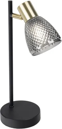 näve Tischleuchte Lindita - Elegante Tischleuchte mit smokey Relief-Glasschirm und mattem Messinggestell, perfekt für stilvolle Innenräume. Flexibel verstellbar und ideal für gemütliche Beleuchtung.