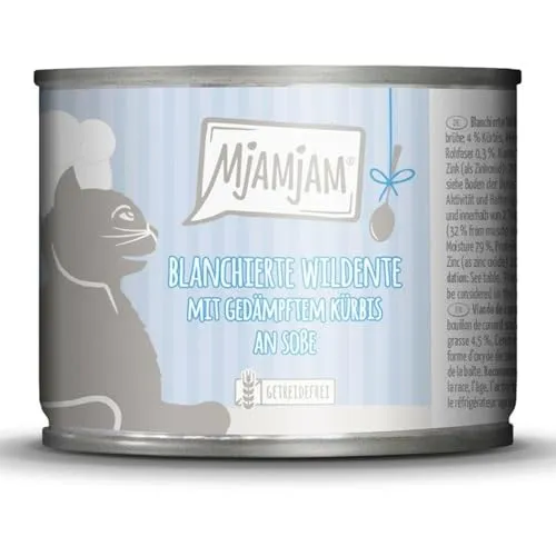 MjAMjAM - Premium Nassfutter für Katzen – blanchierte Wildente mit gedämpftem Kürbis an Soße, 1er Pack (1 x 185 g), getreidefrei mit extra viel Fleisch