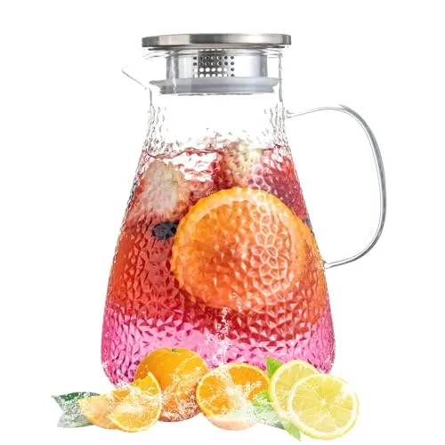 MRZIKPO 2 Liter Glaskrug Wasserkaraffe mit Edelstahl Deckel,Griffen, Filter,Heiße und kalte Glas Karaffe, Leicht zu reinigender wasserkrug,für hausgemachte Getränke/Kaffee/Milch/Eistee/Wein/Saft