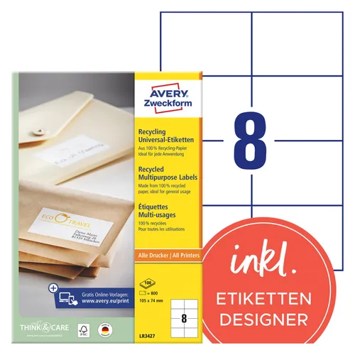 Zweckform Universaletiketten LR3427 Recycling 105 x 74mm - Umweltfreundliche selbstklebende Etiketten aus 100% Recycling-Papier, ideal für Büroanwendungen. Mit permanenter Haftung und für alle Drucker geeignet – perfekt zur Eigentumskennzeichnung.