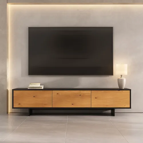 Lowboard ARTO 185 cm, Schwarz/Eiche – stilvolle TV Konsole mit Push-to-Open-Funktion