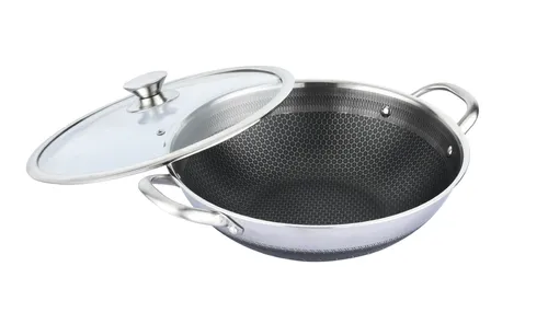 Wok Topf Silber Edelstahl Ø36cm - Antihaft & Kratzfest - Pfannen mit Wabenstruktur, ideal für Induktion, leicht zu reinigen und perfekt für gesunde Gerichte.