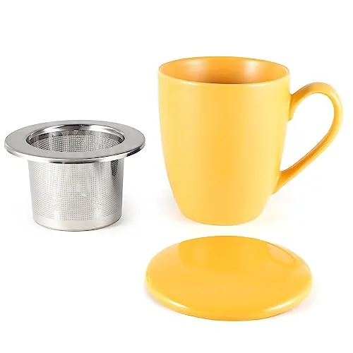 Hanseküche Teetasse mit Deckel und Sieb – XXL Teebecher 600ml – Große Tee Tasse Keramik – Jumbotasse – Tasse mit Deckel, Keramik, Teefilter, Teesieb, Groß (Orange, 600 ml)