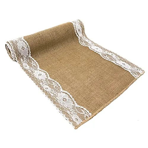 Produktbild Oblique Unique® Jute Tischläufer mit Spitze Tischband Tisch Läufer Naturfarben 270 cm x 30 cm Tischdeko für Geburtstag Party Hochzeit Garten Party Deko