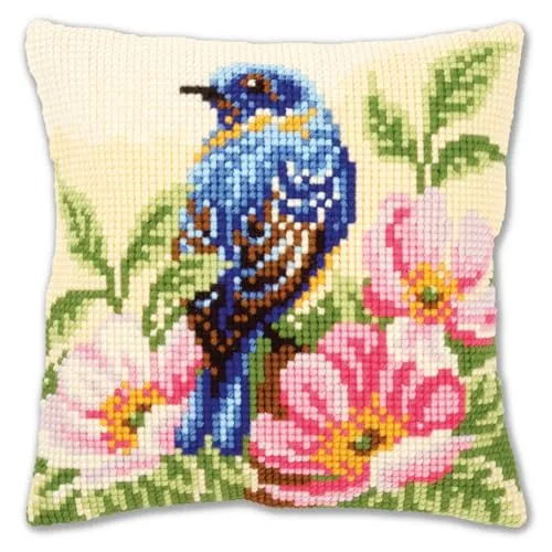 Vervaco PN-0148175 Kreuzstichkissen Vogel auf wilder Rose - Kreativset für Kreuzstich mit handgemaltem Stramin und hochwertigem Garn, ideal für kreative Bastelstunden. Größe: 40 x 40 cm.