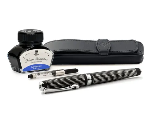 DIPLOMAT Füllhalter Excellence A+ Wave guillochiert lapis schwarz, (Komplett-Set mit Tintenkonverter, Schreibtinte Königsblau von Octopus Fluids und Lederetui), MADE IN GERMANY