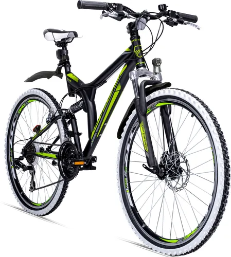 Bergsteiger Phoenix 26 Zoll Mountainbike, geeignet ab 160 cm, Scheibenbremse, Licht, Schutzblech, 21 Gang-Schaltung, Vollfederung - Schwarz/Grün