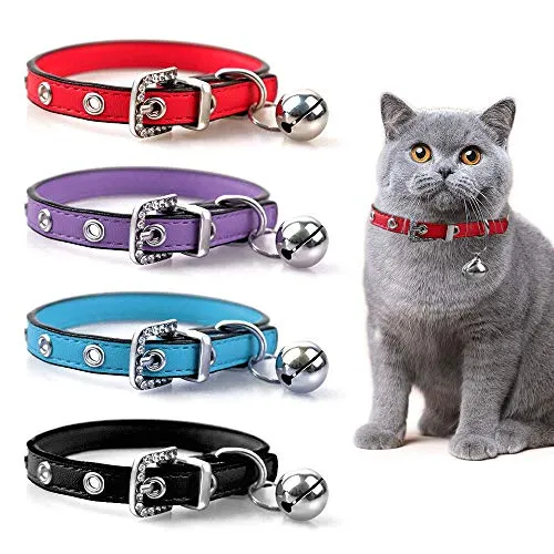 Luniquz PU Leder Crystal Haustier Halsband Katzenhalsband Kleinhundehalsband Gürtel Halsband mit Schelle Schmuck für Katzen/Kleinhunde/klein Haustier - rot XS 7