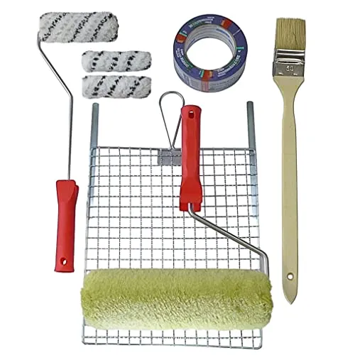 ROTIX Fassade streichen mit Farbrollern und Pinsel | Fassadenroller mit Abstreifgitter | Kleinwalzen für Kleinflächen |Heizkörperpinsel | Abdeckband | 9-teilges Set