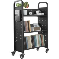 VEVOR Bücherwagen, 150 kg Tragkraft, Bibliothekswagen, 77 x 38 x 122 cm, einseitiges V-förmiges Bücherregal mit Doppelbremsrollen, Bücherregalwagen für Wohnzimmer, Büro, Schule, Schwarz