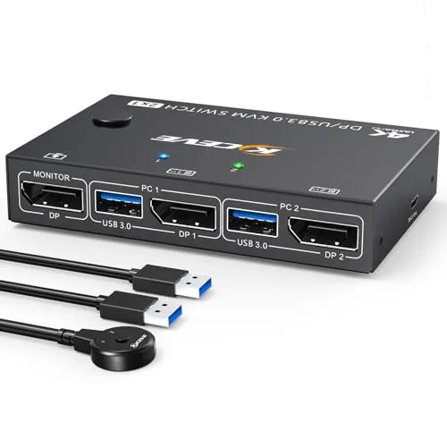 USB3.0 KVM Switch Displayport 2 Ports 4K@144Hz,ESKEVE KVM Switch 2 PC 1 Monitor 8K@30Hz für 2 PC Teilen 1 Monitors und 4 USB3.0-Geräte.mit USB-Kabel und Desktop Controllerller
