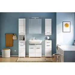 Badezimmerset Linus I - Weiß Hochglanz - Elegantes Badmöbel-Set mit vielseitigen Stauraummöglichkeiten und Hochglanz-Oberfläche, ideal für moderne Badezimmer.