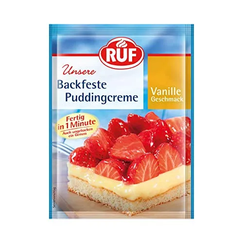 RUF Backfeste Puddingcreme mit Vanille-Geschmack, Puddingpulver als Grundlage für Erdbeerkuchen & Obst-Törtchen, schnell zubereitet, glutenfrei, 42g