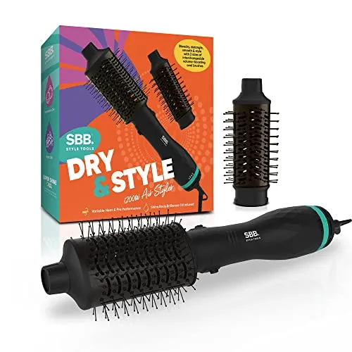 SBB Dry & Style 1200W Föhn-Haarbürste, Heißluftstyler – Haartrocknerbürste für Volumen und Glanz – Haartrocknerbürste & Entwirrungsstylingbürste x 2 Bürsten, Glättungsöle für kurzes und mittleres Haar