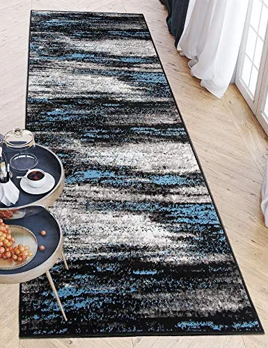 Carpeto Rugs Teppich Läufer Flur - Modern Teppichläufer – Kurzflor, Weich - für Küche Vorzimmer Eingangsbereich Schlafzimmer - Meterware 80 cm Breit - Grau Blau 80 x 300 cm