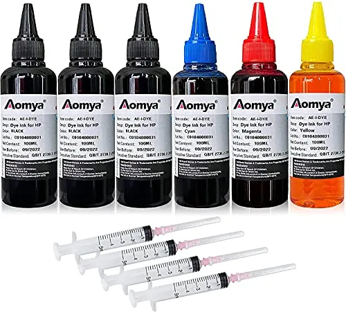 Aomya Tintenpatronen-Nachfüllset, 6 x 100 ml, für HP 60 61 63 64 65 902 932 952 564, nachfüllbar, für HP Envy 4500 4520 5643 OfficeJet 6500a 6500 6000 (3 Schwarz, 1 Cyan, 1 Magenta, 1 gelb)