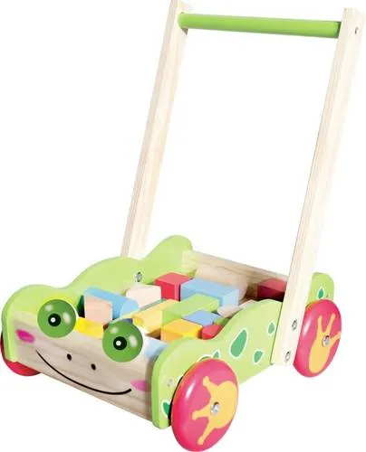 SpielMaus Holz Laufwagen mit Bauklötzen - Lauflernwagen aus Holz mit 20 bunten Bauklötzen, ideal zur Unterstützung der ersten Gehversuche von Babys ab 12 Monaten. Schubhöhe ca. 39 cm.