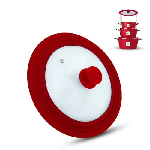 M.S.N Universal Glasdeckel, Töpfe und Pfannen 24/26/28 cm, mit Auslassventil und Silikonrand. (Rot, 24/26/28)