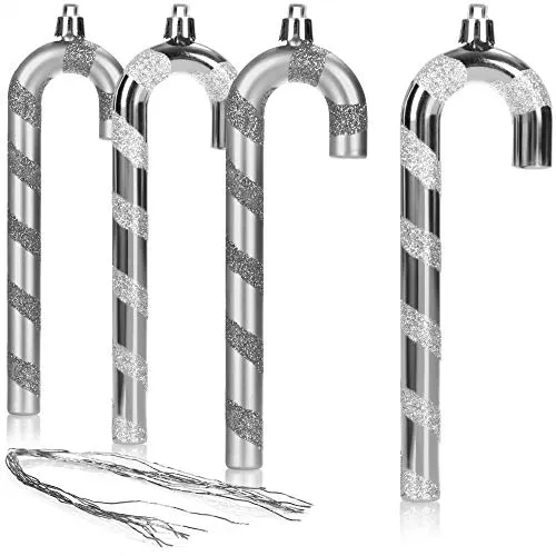 com-four® 4X Christbaumanhänger Zuckerstange - Christbaumschmuck zum Anhängen - Weihnachtskugel in Zuckerstangen-Form - Weihnachtsbaum-Anhänger (silberfarben - 4 Stück)