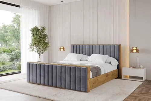 ALTDECOR Polsterbett mit Bettkasten und Lattenrost, Bett mit Matratze H3/H4, Kopfteil, Boxbett, Doppelbett mit Stauraum - ENZO4-Z - 200x200 Dunkelgrau Casablanca