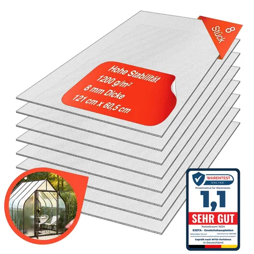 Exeta 8 Stück Gewächshausplatten 8mm Polycarbonat - 8er Set 8mm Doppelstegplatten aus bruchsicherem Polycarbonat, UV-beständig und ideal für Gewächshäuser oder Carports. Bieten maximalen Schutz und sind einfach zuzuschneiden für individuelle Projekte.