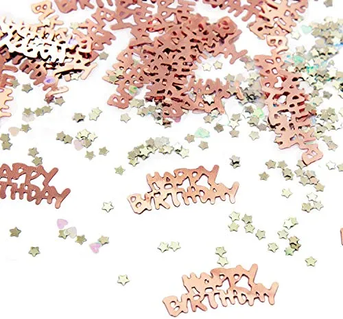 Oblique Unique® Konfetti Set 500 STK. Happy Birthday + Sterne + Herzen - Tisch Deko für Geburtstag Party Kindergeburtstag in Roségold