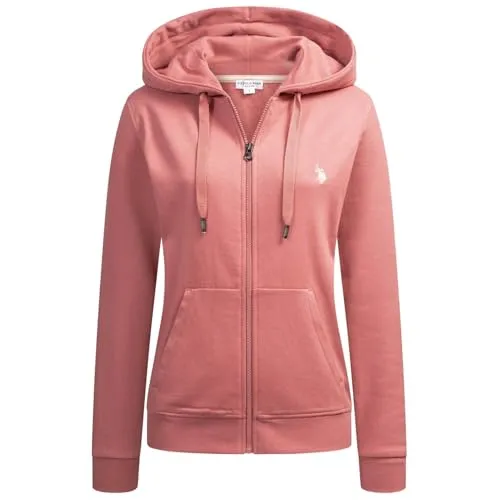 U.S. Polo Assn. Damen Kapuzenpullover (S-XL) Hoodie mit Reißverschluss, aufgesetzten Eingrifftaschen und Rippbündchen P019 - Darkrose Beige - Gr.XL