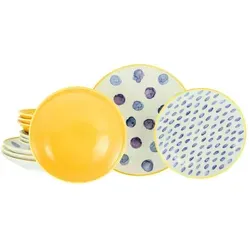CreaTable Maisie Bunt Tellerset 12-tlg - Kombiservices mit fröhlichem Design: 12 edle Steinzeugstücke in Blau und Gelb, perfekt für den täglichen Einsatz und spülmaschinengeeignet.