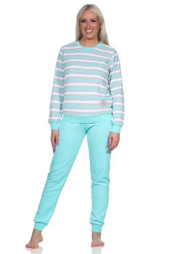 Normann Damen Frottee Schlafanzug lang, Pyjama in Ringel-Optik, Mint, Größe: 40-42 - Weicher Damen Schlafanzug aus Frottee für kalte Tage. Mit stilvollem Ringel-Design und Eiskristall-Stickerei. Bequeme Passform für höchsten Tragekomfort. Maschinenwaschbar und trocknergeeignet.