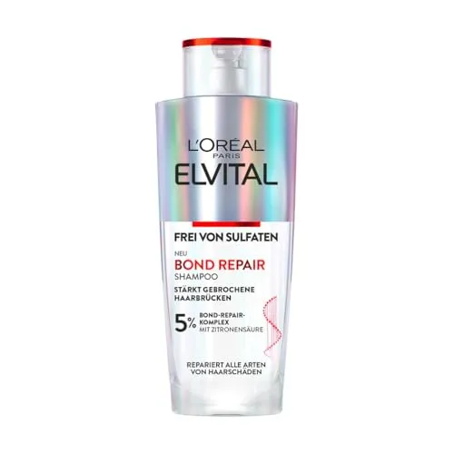 L'Oréal Paris Elvital Bond Repair Shampoo, sanfte Reinigung zur Haarreparatur, gegen Haarschäden, für weniger Haarbruch und mehr Glanz, sulfatfrei, mit Bond-Repair-Komplex und Zitronensäure, 200ml