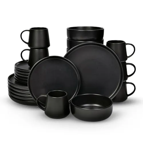 Geschirrset 24 teilig für 6 Personen, Modernes Steingut Tafelservice im Japandi Stil, Schwarzes Geschirr Set mit Tellern, Schalen & Tassen, Teller Steinzeug, Kombiservice 6 Personen & Tafelgeschirr
